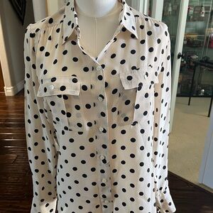 J. Crew Cream Button-Down Blouse with Black Polka Dots, 100% Silk, Size 2, EUC